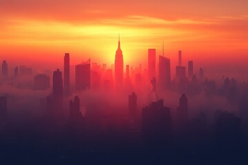 Fototapeta premium Stunning sunset over New York City skyline viewed from a high vantage point during twilight hour