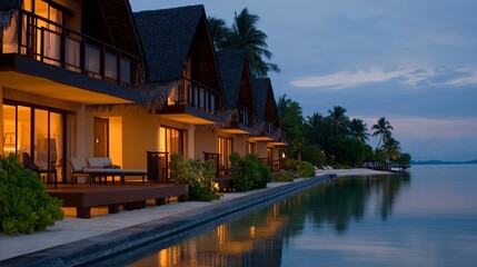 Luxury beachfront resort at dusk, showcasing elegant villas with ocean view