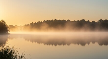 Obraz premium Close-Up of Dew Drops on Leaves with Blurred Misty River Reflection in Background