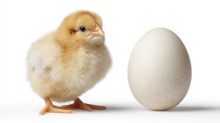 Obraz premium Fluffy baby chick standing beside a large speckled egg on white background.