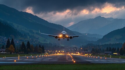 Wide-Angle View of Plane Approaching Runway with Scenic Alps Background and Dramatic Sky at Dusk