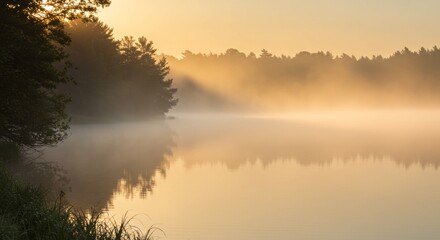 Obraz premium Close-Up of Dew Drops on Leaves with Blurred Misty River Reflection in Background
