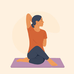 Flat Vector of Woman in Cow Face Pose (Gomukhasana). The calm expression and soft pastel background make it ideal for yoga, stretching, posture, wellness, and fitness-related content.
