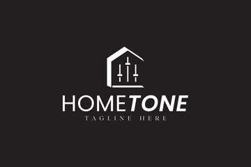 Fototapeta premium home with mixing button music modern logo design for studio, musical, dj, audio. house with mixer tool logo design. studio building with music player minimalist logo design