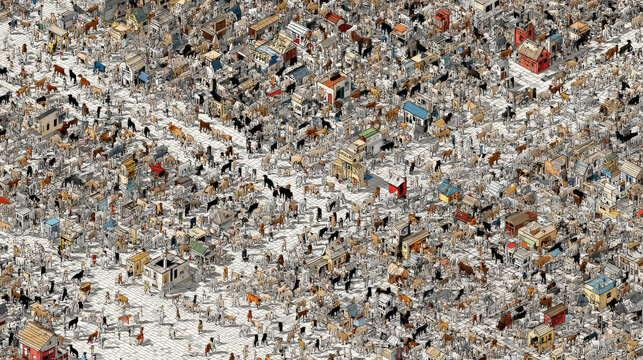 A hyper-detailed 3D rendering of a &ldquo;Where&rsquo;s Waldo?&rdquo; scene reimagined entirely with dogs. Generative AI