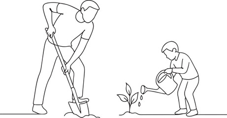 Father Digging Soil While Son Waters Plant Sketch