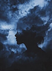 A woman's profile,  her head veiled in storm clouds, suggesting a troubled mind or emotional turmoil