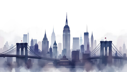 Fototapeta premium Misty Manhattan Skyline: Iconic Bridge and Skyscrapers in a Dreamy Haze
