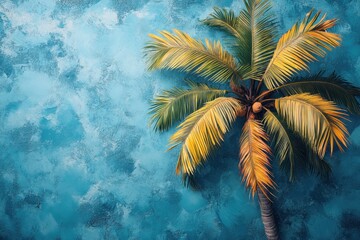 Palm tree against a textured blue wall in a tropical setting creates a vibrant and inviting atmosphere