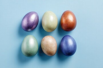 Colorful metallic eggs on a light blue background.