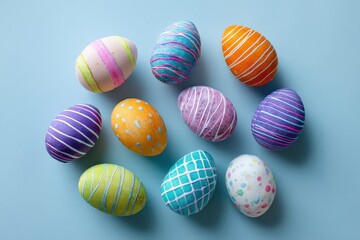 Obraz premium Colorful decorated Easter eggs on blue background.