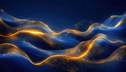 Dynamic, flowing, gold and blue abstract waves.  Particles create a sense of motion