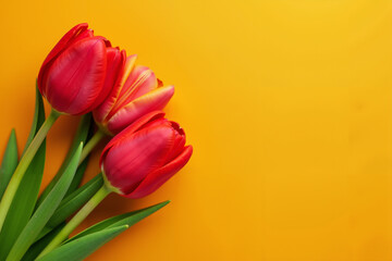 A close-up of fresh red tulips with velvety petals, shot against a vibrant solid orange background.