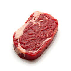 Obraz premium Raw Beef Steak Isolated on White Background, Close-up of a single, raw lamb chop steak, showcasing its marbling and texture against a clean white background. Ideal for culinary websites 