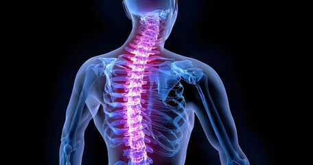Illustration of human spine and skeleton in blue hues.