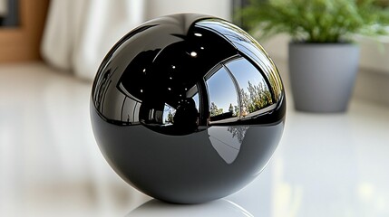 Polished black sphere reflecting interior