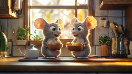 Two cartoon mice cooking together in a cozy kitchen scene  