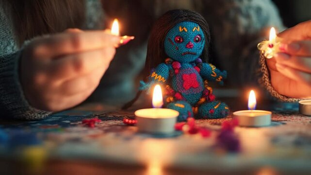 A person carefully adds details to a handmade blue voodoo doll, surrounded by lit candles and crafting supplies