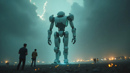 . Binary Born: The First Humanoid
A futuristic humanoid robot emerging from a digital matrix of 1s and 0s, surrounded by glowing binary codes, resembling a human male form.A female humanoid robot desi