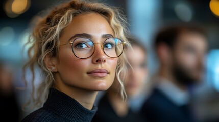 Curly-haired woman in glasses, with people in the background, focused and confident