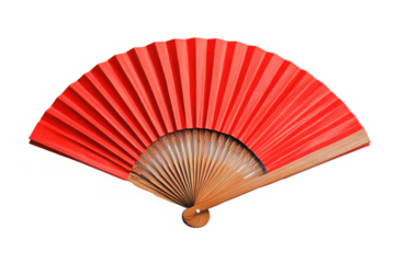 Red Japanese Style Folding Hand Fan with Wooden Handle Transparent Background.