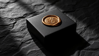 A striking gold seal is placed atop a sleek black box, showcasing its intricate design against a dark, textured backdrop under soft lighting