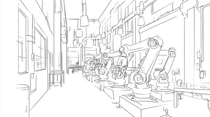 Obraz premium Industrial interior sketch with robotic arms.