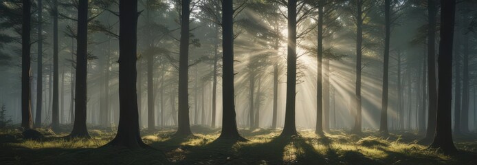 Sun rays illuminate a wide, majestic forest scene; dappled light and shadow play , water, nature