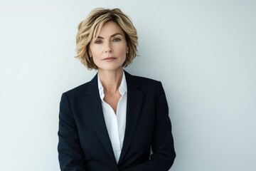 A confident blonde woman in a dark navy blazer and white shirt, poses against a light grey background.