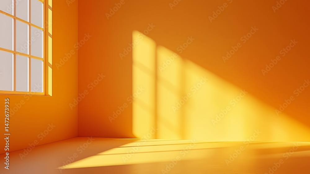 Aufkleber Room with a yellow wall and a window. The room is empty and the sun is shining through the window, creating a warm and inviting atmosphere
