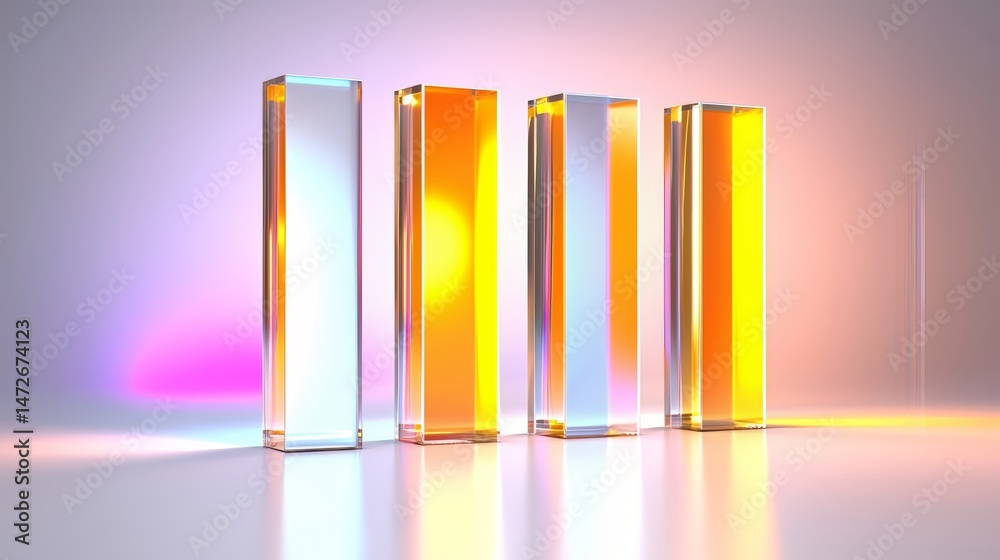 Aufkleber row of four tall, clear glass pillars in various colors, including orange and yellow. the pillars ar