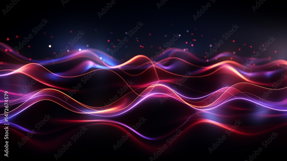 Poster series of red and blue waves in the air. the image is of a dark background