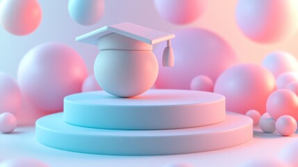 Obraz premium Graduation cap on a pastel podium, surrounded by floating spheres