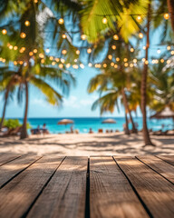 Wooden table against tropical beach view with palm trees and string lights creating relaxing atmosphere by the ocean at midday, background for montage