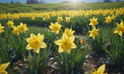 Obraz premium Sunlit daffodil meadow, vibrant yellow blooms under a clear blue sky , nature, blossom, beautiful