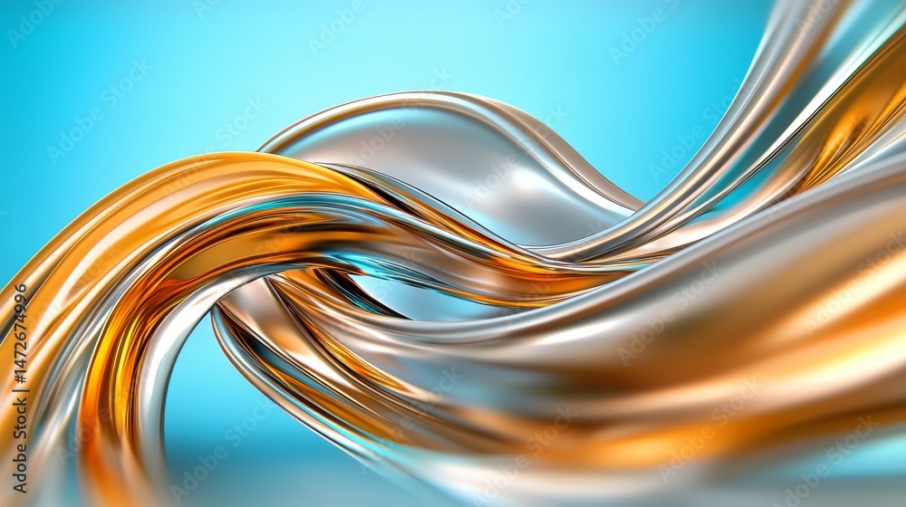 Aufkleber Silver and gold wave with a blue background. The wave is flowing and has a shiny, metallic appearance