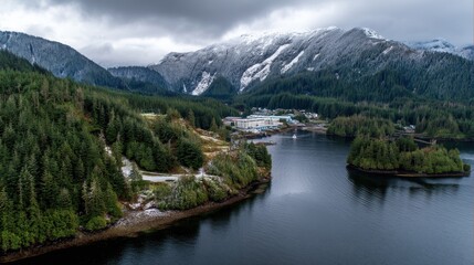 Fototapeta premium Breathtaking Aerial View of Ketchikan, Prince of Wales Island in Alaska: A Serene Landscape of Mountains, Water, Snow, and Sky