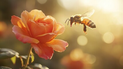 Honeybee pollinates an orange rose in sunlight.  Close-up of a bee flying towards a vibrant, peach-colored rose. Soft focus on background flowers. Golden light highlights the scene