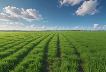 Naklejka premium Vast green field stretching to a vibrant blue sky, green, vegetation, flora