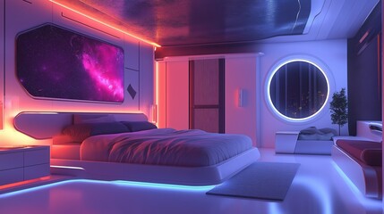 Modern bedroom with vibrant neon lights and window at night