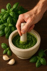 Making Fresh Homemade Basil Pesto in a Stone Mortar with Garlic and Herbs on a Wooden Table