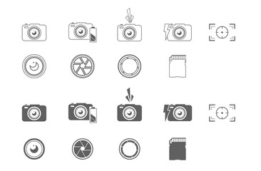 Set of camera and photography related icons in both stroke and filled styles