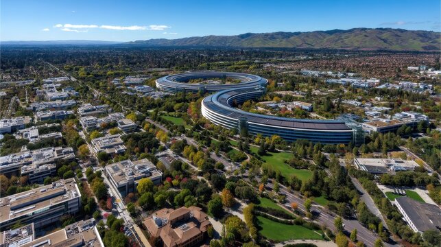 Sunny Aerial Perspective of Cupertino: Heart of Silicon Valley, Home of Apple and Scenic Parks