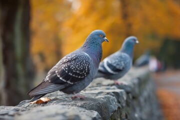 Fototapeta premium Serene Pidgeons Perched on a Rustic Stone Wall Surrounded by Autumnal Park Beauty