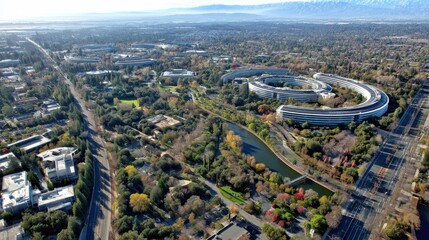 Sunny Aerial Perspective of Cupertino: Heart of Technology and Apple Headquarters in California's Bay Area