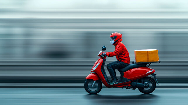 A red scooter with a food delivery person in a red jacket and mask on the road, with a fast-moving, blurred background, motion blur.
