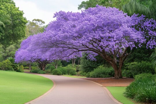 Serene pathway with blooming jacaranda trees in a lush garden setting. Blooming jacaranda trees with vibrant purple flowers lining a park path, representing springtime beauty and nature&rsquo;s color.
