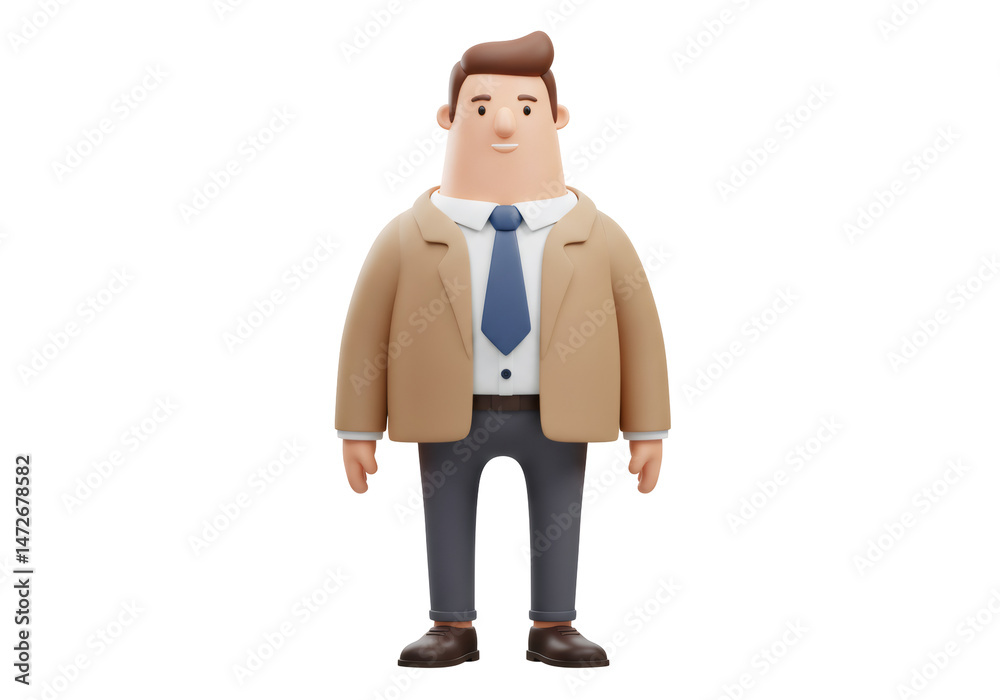 Fototapete 茶色のブレザーと青いネクタイを着た男性の3dレンダリングキャラクターが透明な背景に立っている漫画スタイルの全身図