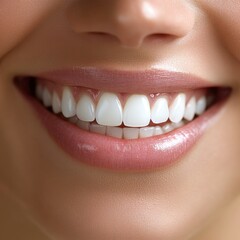 Obraz premium Smiling woman showcasing bright white teeth in close-up portrait natural lighting cheerful mood