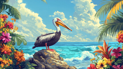 Vibrant pelican perched on rock surrounded by tropical flowers and ocean  